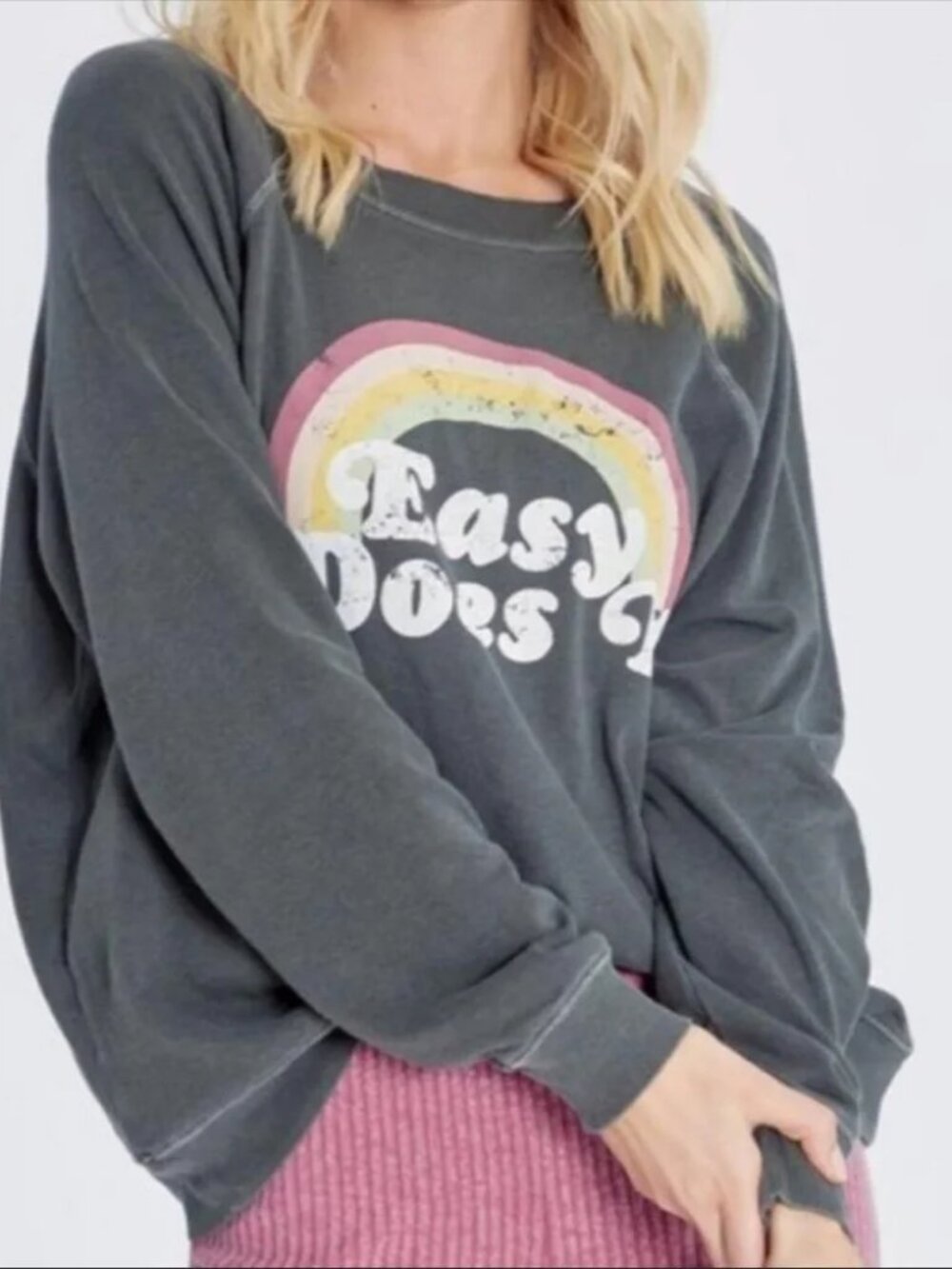 WILDFOX Sweatshirt Womens Medium Gray Easy Does It Rainbow Crewneck Pullover Top